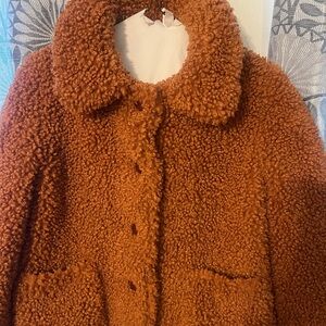 Cozy Teddy Faux Shearling Jacket in Rust Brown